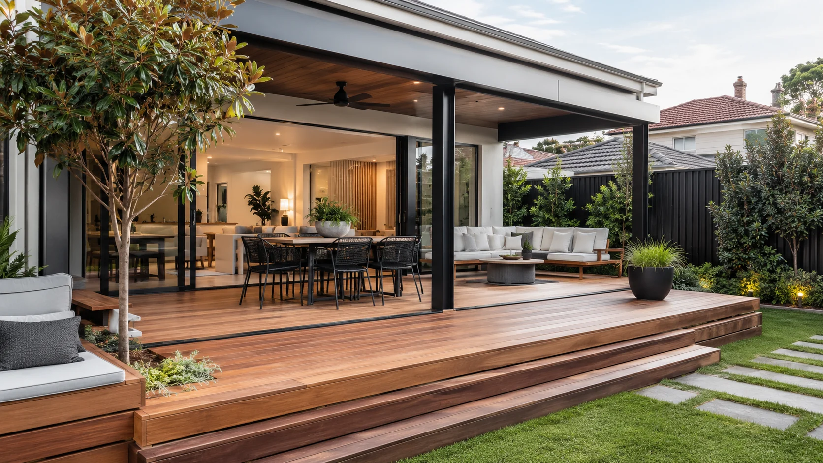 AI-generated concept of a landscaped modern timber deck